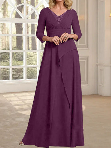 A-line V-Neck Floor-Length Chiffon Mother of the Bride Dress With Pleated Beading