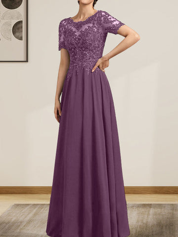 A-line Scoop Illusion Floor-Length Chiffon Lace Mother of the Bride Dress With Sequins Beading