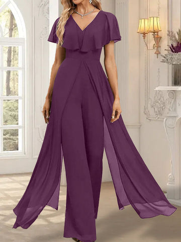 Jumpsuit/Pantsuit V-Neck Floor-Length Chiffon Evening Dress