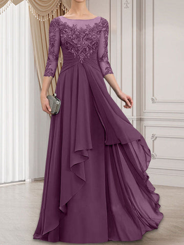 A-line Scoop Illusion Floor-Length Lace Chiffon Mother of the Bride Dress With Cascading Ruffles