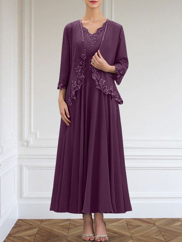 A-line V-Neck Ankle-Length Chiffon Mother of the Bride Dress With Sequins Appliques Lace Beading