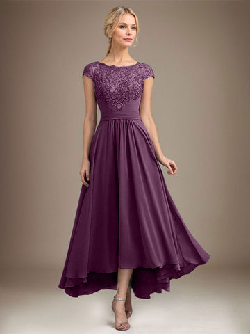 A-line Scoop Illusion Asymmetrical Lace Chiffon Mother of the Bride Dress With Pleated