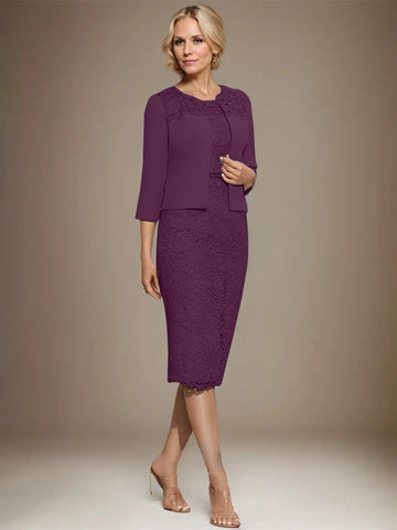 Sheath/Column Scoop Knee-Length Chiffon Lace Mother of the Bride Dress With Beading