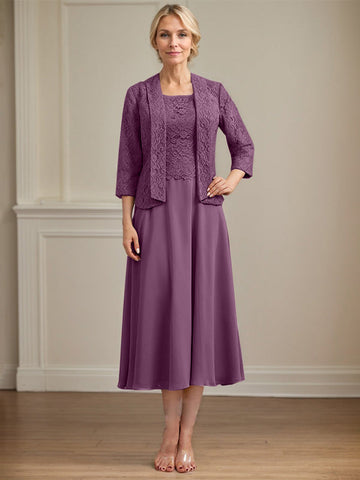 A-line Scoop Tea-Length Lace Chiffon Mother of the Bride Dress