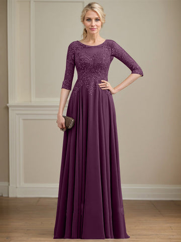 A-line Scoop Illusion Floor-Length Lace Chiffon Mother of the Bride Dress With Sequins
