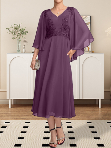 A-line V-Neck Tea-Length Chiffon Lace Mother of the Bride Dress With Beading Sequins