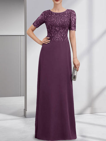 A-line Scoop Floor-Length Lace Chiffon Mother of the Bride Dress With Sequins