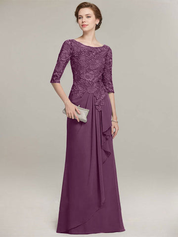 A-line Scoop Illusion Floor-Length Lace Chiffon Mother of the Bride Dress With Cascading Ruffles