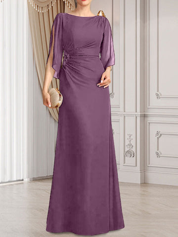 Vestido de corte recto/columna, largo hasta el suelo, de gasa, para la madre de la novia, con plisados ​​y cuentas.