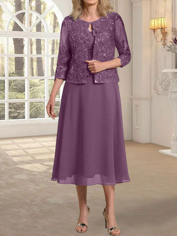A-line Scoop Tea-Length Lace Chiffon Mother of the Bride Dress With Sequins