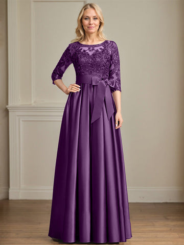 A-line Scoop Illusion Floor-Length Satin Lace Mother of the Bride Dress With Sequins Bow