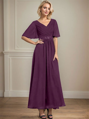 A-line V-Neck Ankle-Length Chiffon Mother of the Bride Dress With Pleated Beading Sequins