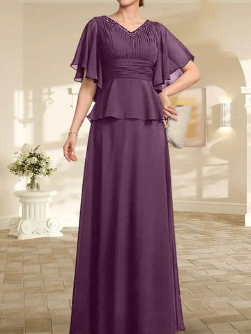 A-line V-Neck Floor-Length Chiffon Mother of the Bride Dress With Pleated Beading