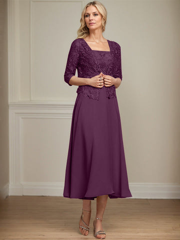 A-line Square Tea-Length Chiffon Lace Mother of the Bride Dress With Sequins Beading
