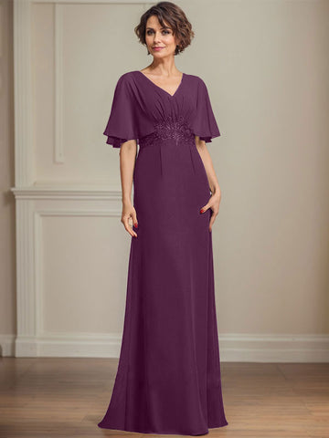 A-line V-Neck Floor-Length Chiffon Mother of the Bride Dress With Pleated Sequins Appliques Lace