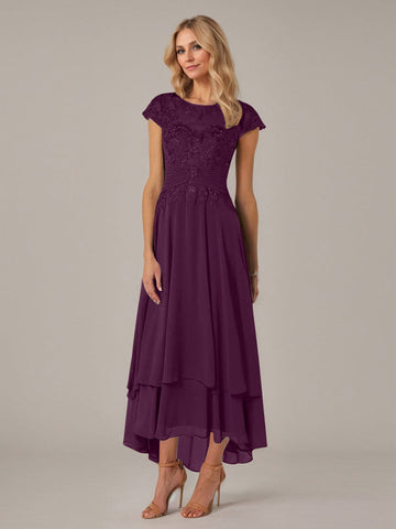 A-line Boat Neck Illusion Asymmetrical Chiffon Lace Mother of the Bride Dress With Applique Pleats