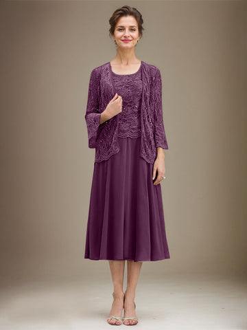 A-line Scoop Tea-Length Lace Chiffon Mother of the Bride Dress With Sequins