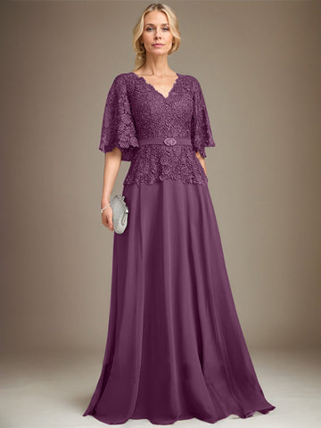 A-line V-Neck Floor-Length Chiffon Lace Mother of the Bride Dress With Crystal Brooch Rhinestone