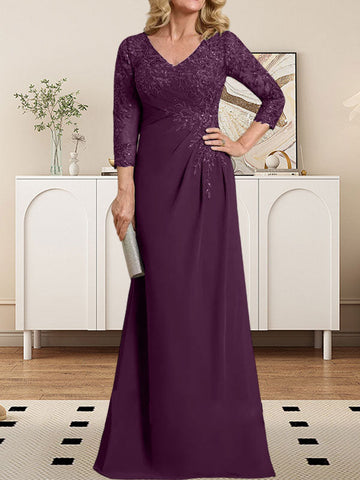 Sheath/Column V-Neck Illusion Floor-Length Lace Chiffon Mother of the Bride Dress With Pleated Sequins