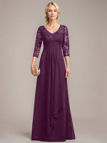 A-line V-Neck Floor-Length Lace Chiffon Mother of the Bride Dress With Cascading Ruffles Sequins