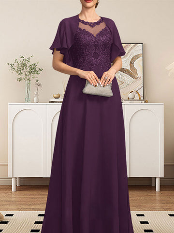 A-line Scoop Illusion Floor-Length Lace Chiffon Mother of the Bride Dress With Sequins
