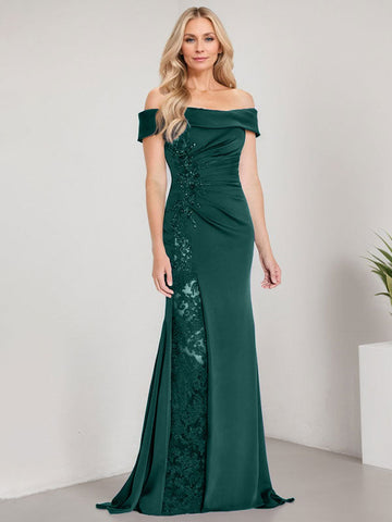 A-Line Off the Shoulder Floor-Length Mother of the Bride Dress Applique Beadings Mermaid Dress With  High Split