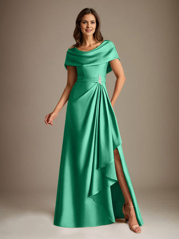 A-Line Scoop Floor-Length Stretch Satin Mother of the Bride Dress With Cascading Ruffles