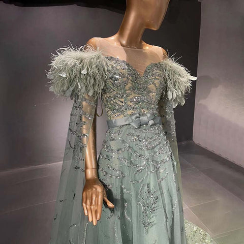 Green Capes Sleeves Luxury Evening Dresses Gowns 2025 Beaded Feather Elegant For Women Party LA71521