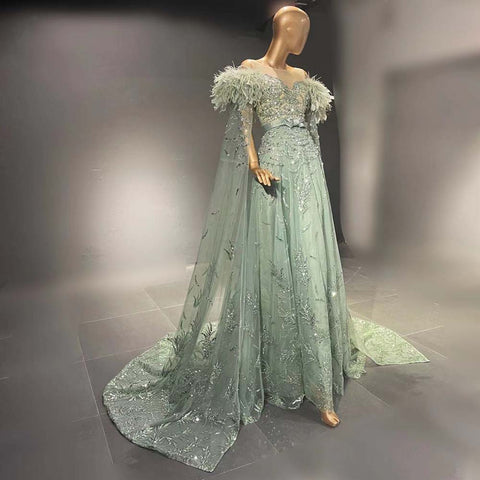 Green Capes Sleeves Luxury Evening Dresses Gowns 2025 Beaded Feather Elegant For Women Party LA71521
