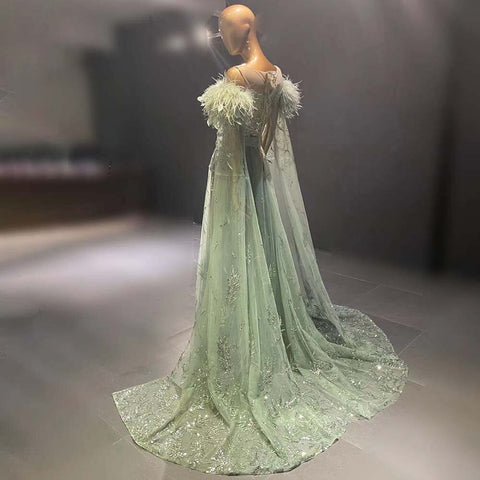 Green Capes Sleeves Luxury Evening Dresses Gowns 2025 Beaded Feather Elegant For Women Party LA71521
