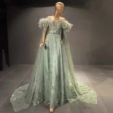 Green Capes Sleeves Luxury Evening Dresses Gowns 2025 Beaded Feather Elegant For Women Party LA71521