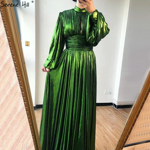 Sale Green Satin A-Line Sexy Simple Evening Dresses 2025 Long Sleeves Silk Formal Evening Gowns LA70554