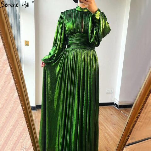Sale Green Satin A-Line Sexy Simple Evening Dresses 2025 Long Sleeves Silk Formal Evening Gowns LA70554