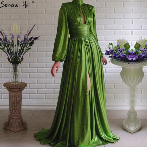 Sale Green Satin A-Line Sexy Simple Evening Dresses 2025 Long Sleeves Silk Formal Evening Gowns LA70554