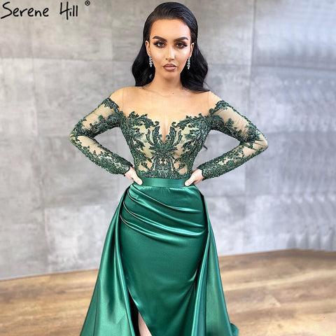 Green Satin   Detachable Skirt Long Sleeves Sexy Evening Dresses 2025 Mermaid Formal Dress Design LA70343