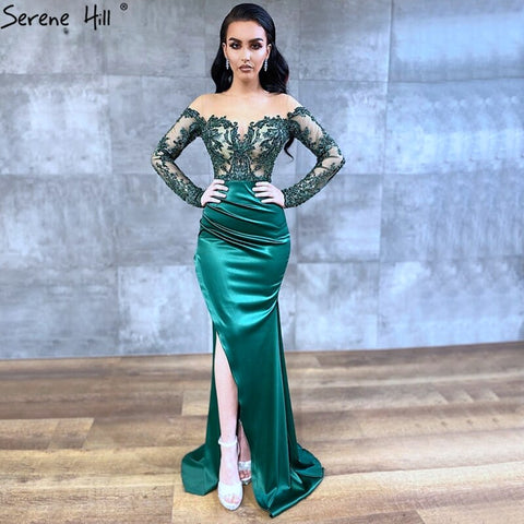 Green Satin   Detachable Skirt Long Sleeves Sexy Evening Dresses 2025 Mermaid Formal Dress Design LA70343