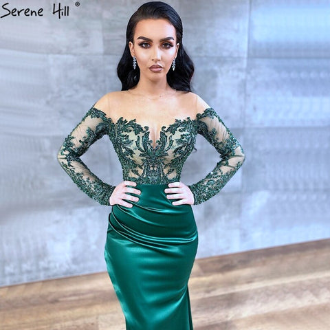 Green Satin   Detachable Skirt Long Sleeves Sexy Evening Dresses 2025 Mermaid Formal Dress Design LA70343