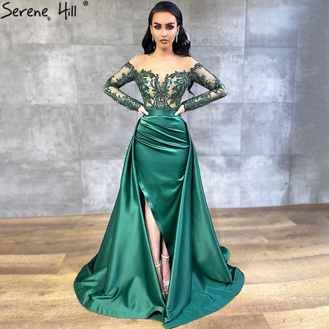 Green Satin   Detachable Skirt Long Sleeves Sexy Evening Dresses 2025 Mermaid Formal Dress Design LA70343