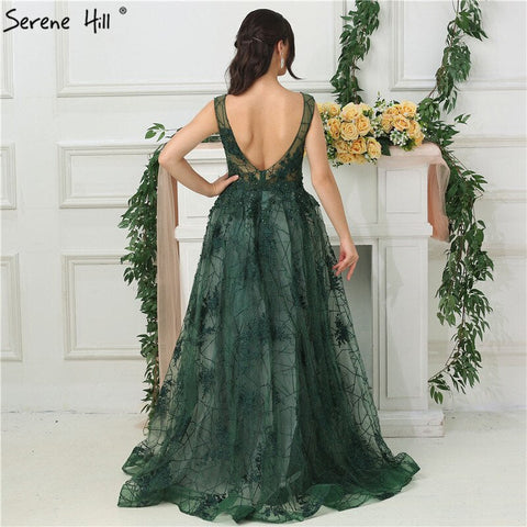 On Sale no return no refundSale Green Sleeveless Backless Sexy Evening Dresses 2025 Beading Sequined With Train Evening Gowns Real Photo LA6687