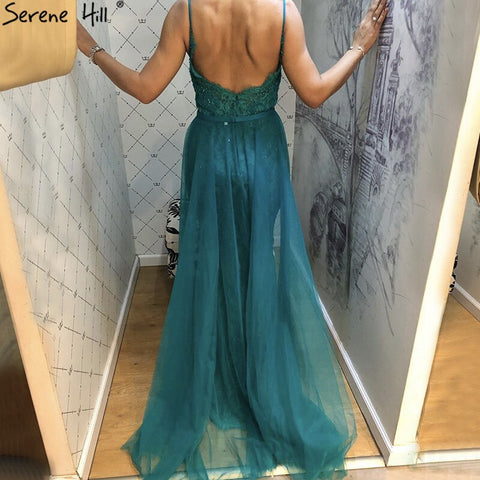 Green Sling Lace Beading Mermaid Evening Dresses 2025 Sexy Sleeveless V-Neck Tulle Formal Dress Real Photo LA70064