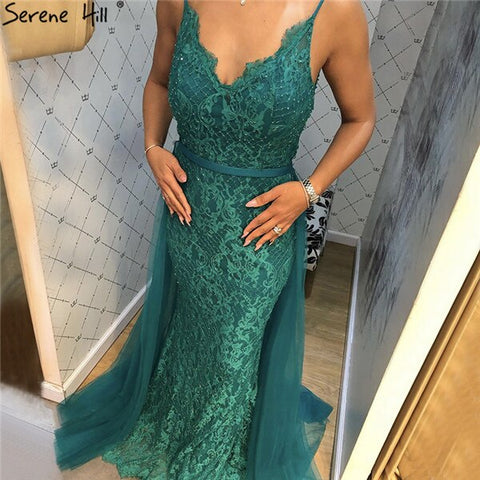 Green Sling Lace Beading Mermaid Evening Dresses 2025 Sexy Sleeveless V-Neck Tulle Formal Dress Real Photo LA70064