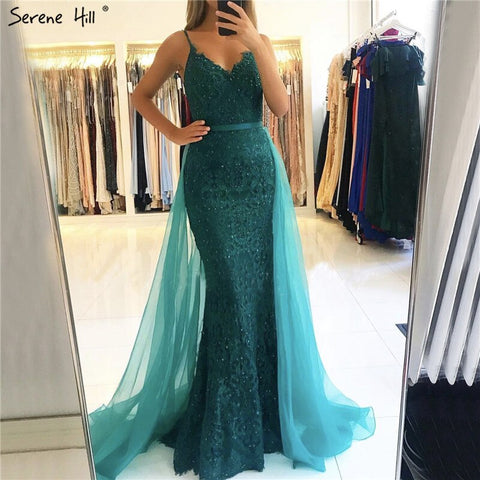 Green Sling Lace Beading Mermaid Evening Dresses 2025 Sexy Sleeveless V-Neck Tulle Formal Dress Real Photo LA70064