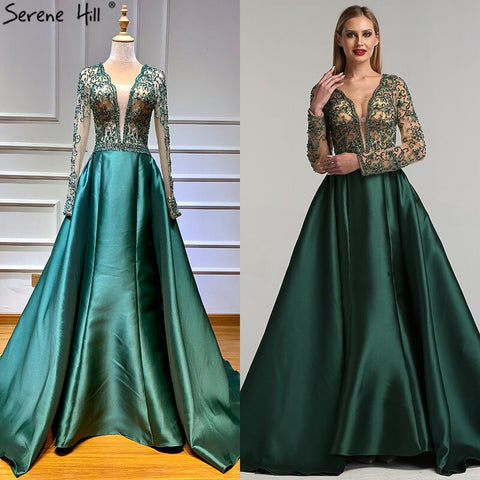 On Sale no return no refund Green V-Neck Satin Long Dresses Evening Long Sleeves Pearls Beading Evening Gowns 2025 LA6312