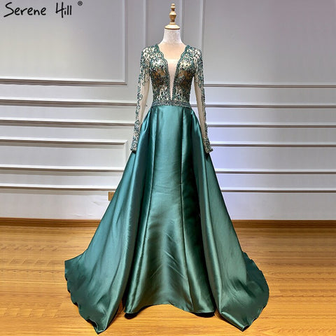 On Sale no return no refund Green V-Neck Satin Long Dresses Evening Long Sleeves Pearls Beading Evening Gowns 2025 LA6312