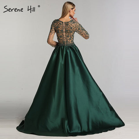 On Sale no return no refund Green V-Neck Satin Long Dresses Evening Long Sleeves Pearls Beading Evening Gowns 2025 LA6312