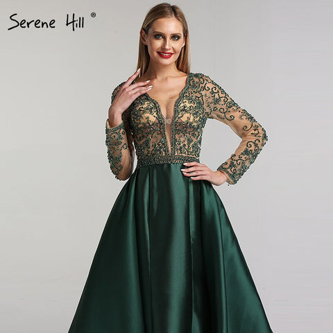 On Sale no return no refund Green V-Neck Satin Long Dresses Evening Long Sleeves Pearls Beading Evening Gowns 2025 LA6312