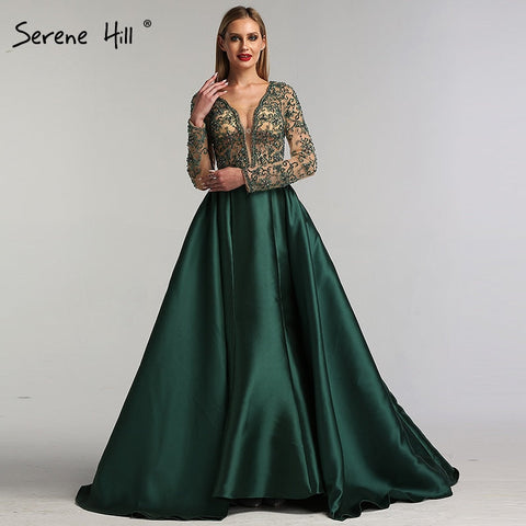 On Sale no return no refund Green V-Neck Satin Long Dresses Evening Long Sleeves Pearls Beading Evening Gowns 2025 LA6312