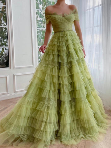 A Line Off the Shoulder Tulle Prom Dress