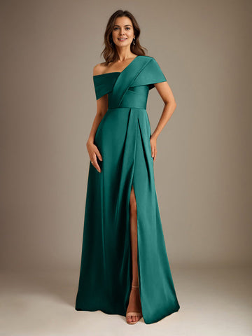 A-Line Asymmetrical Neckline Floor-Length Satin Mother of the Bride Dress With Pleated