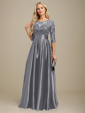 A-line Scoop Illusion Floor-Length Stretch Satin Lace Mother of the Bride Dress With Bow Sequins